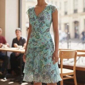 Johnathan Martin Women's Paisley Silk Tired Midi Dress Size 8 Sea Foam Y2K